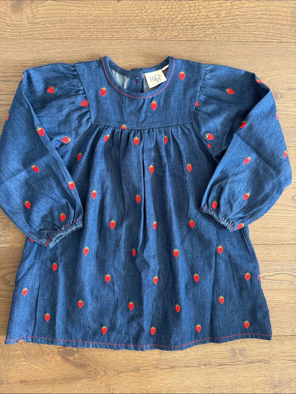 Floss Girls Navy Strawberry Embroidered Denim Dress